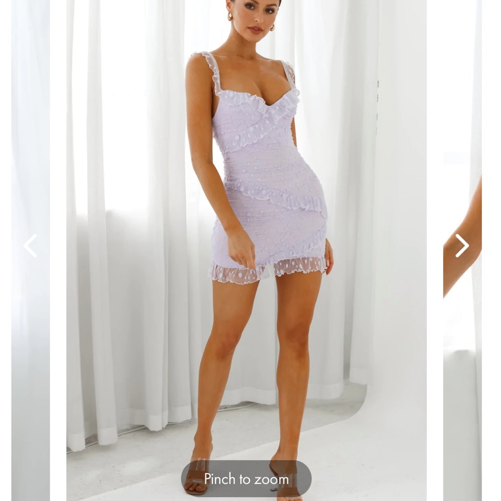 Selfie Leslie La Vida Sweetheart Neckline Frill Trim Polka Dot Mesh Dress Lilac